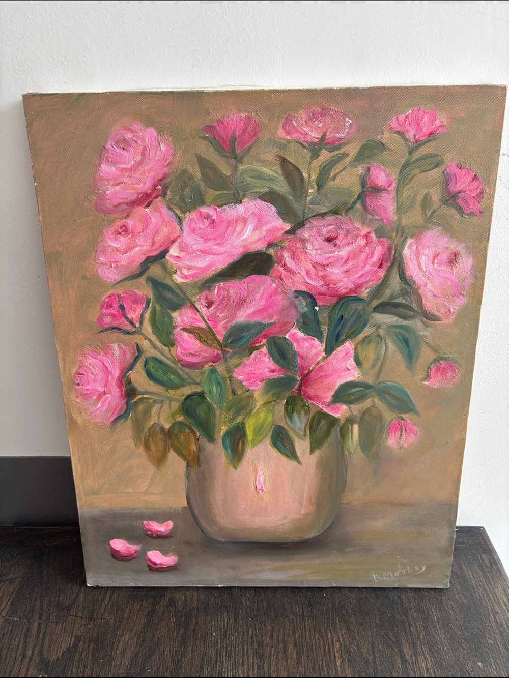 Signed painting pink roses in vase, B.Morley, acrylic, 16x20”
